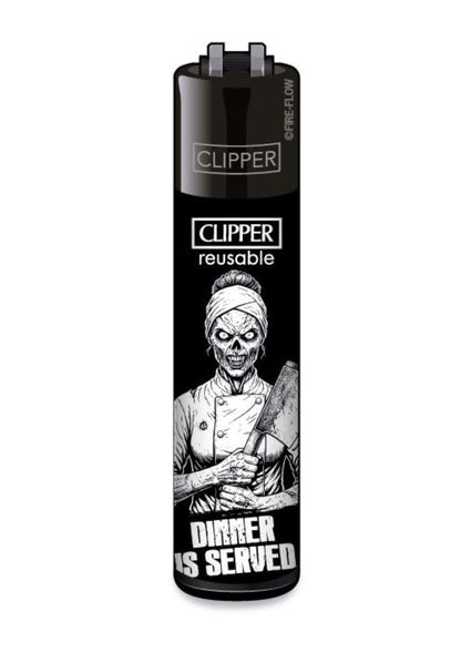 Schwarzes clipper feuerzeug nachfüllbar mit gothic horror zombie koch und dinner is served grafik