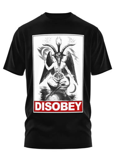 Schwarzes schweres unisex t-shirt mit strapazierfähigem stoff und weicher qualität zeigt baphomet illustration und disobey print
