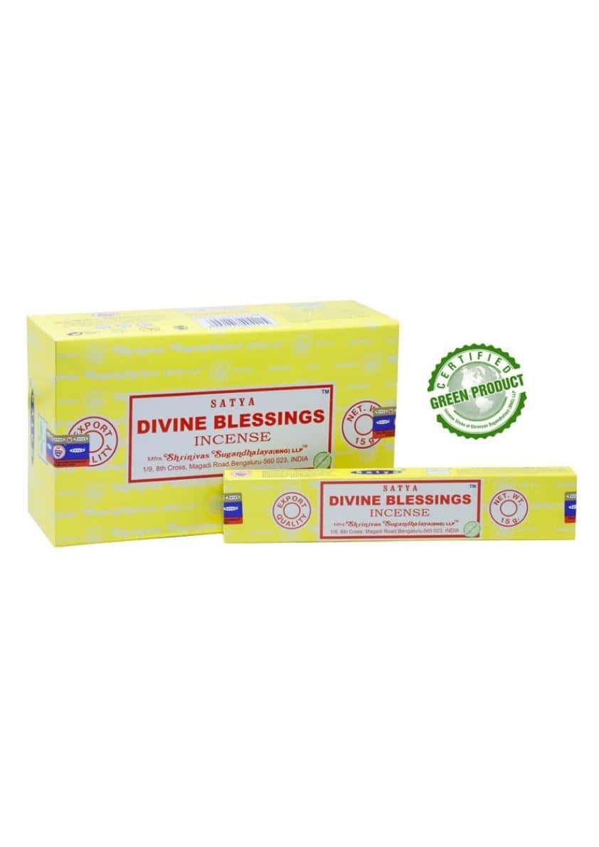 Helle gelbe rechteckige box satya divine blessings räucherstäbchen perfekt für gothic kleidung und horror atmosphäre