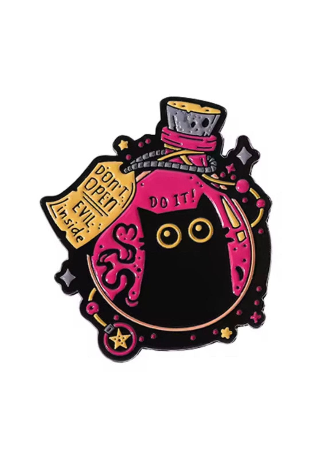 Rosa Trankflaschen-Anstecker mit schwarzen und goldenen Akzenten, mit einem verspielten Design.