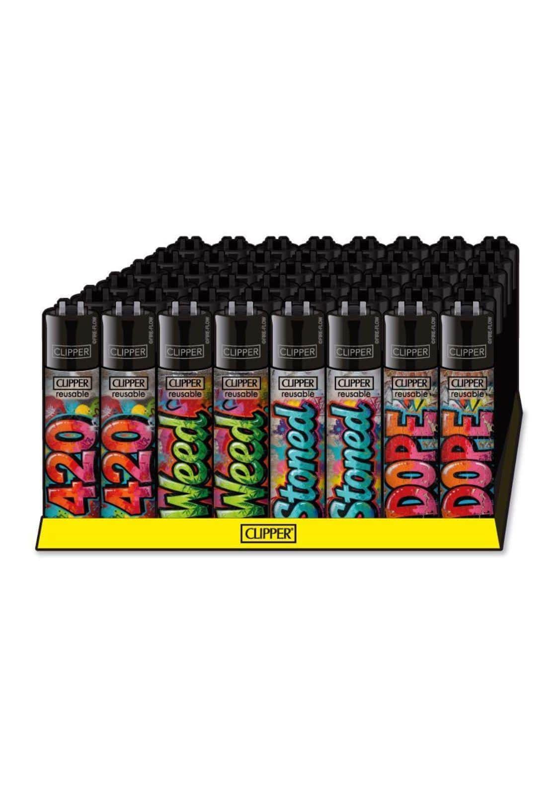 Clipper Feuerzeuge mit unterschiedlichen bunten Graffiti Motiven im Display