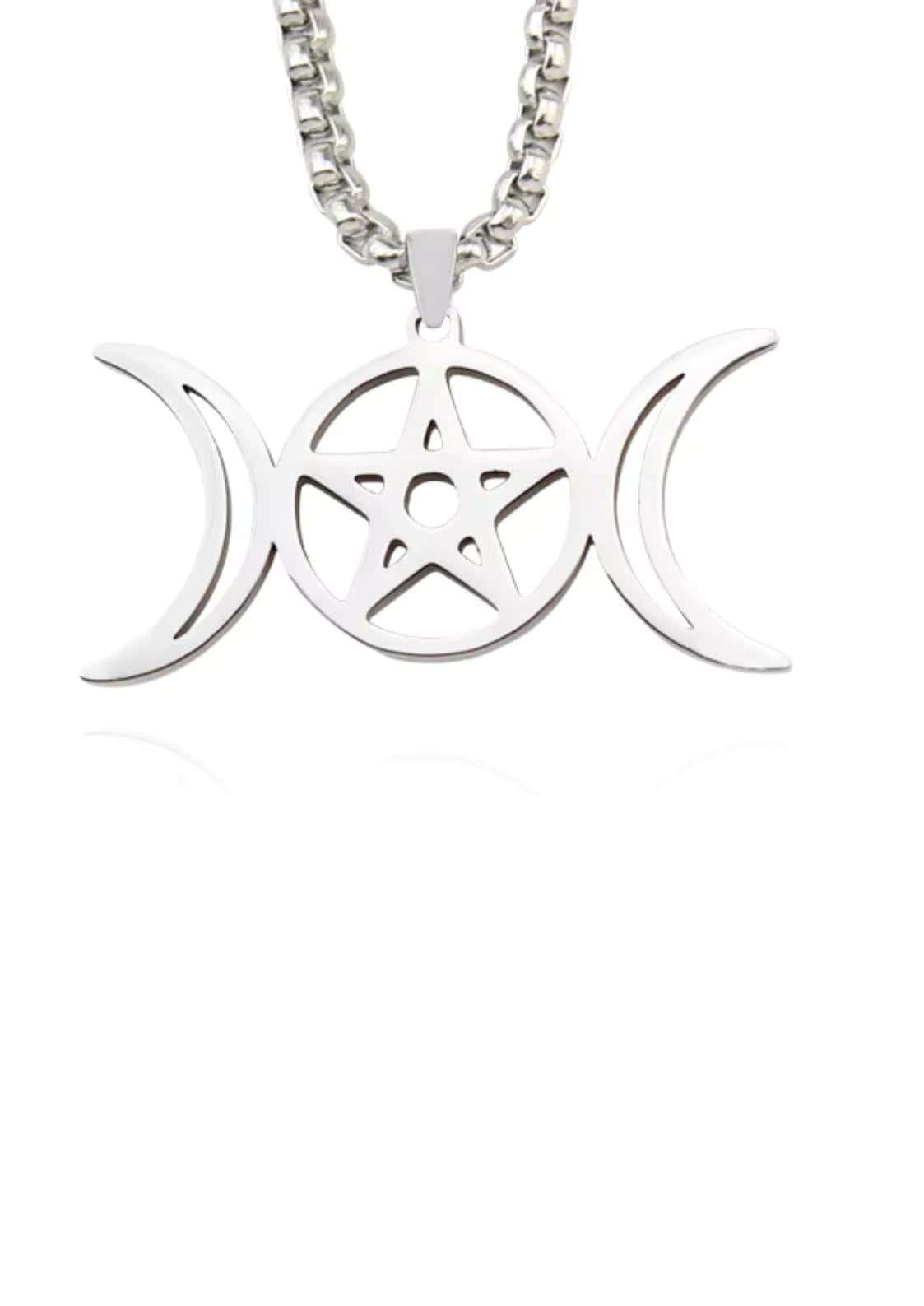 Silberne double moon pentagram halskette mit zentralem pentagramm und dunkler ästhetik für offene mund halskette fans