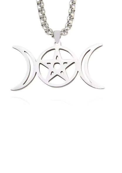 Silberne double moon pentagram halskette mit zentralem pentagramm und dunkler ästhetik für offene mund halskette fans