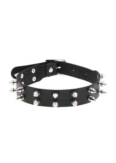 Schwarzer leder choker doppelte spike mit silbernen spikes und nieten auffälliger gothic choker für alternative outfits