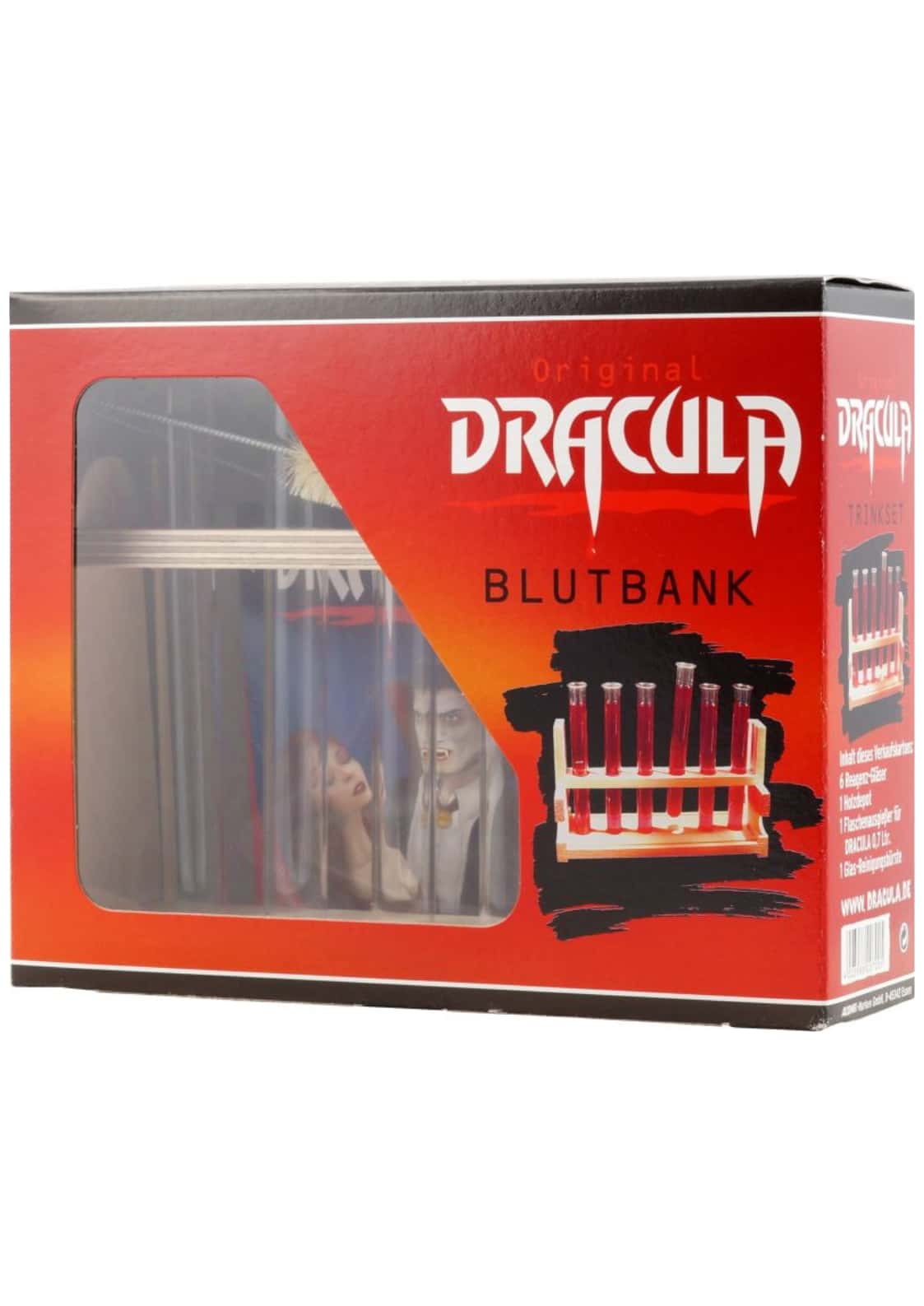 Rot-schwarze dracula blutbank geschenkbox mit klarem fenster zeigt vampirfiguren und testrohre für spirituosen