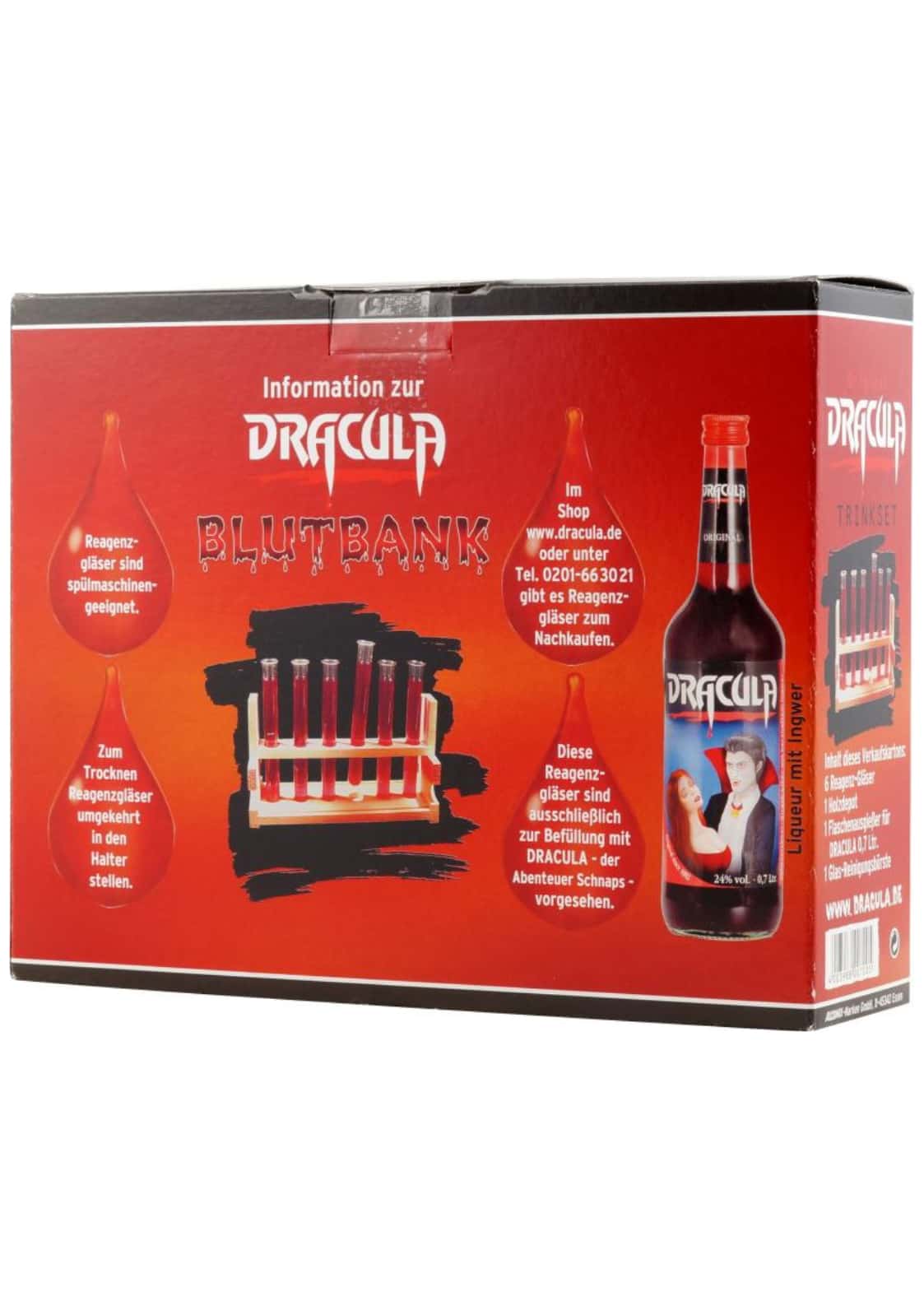 Dracula blutbank spirituosen set mit sechs testrohren voller dunkler flüssigkeit in rotem blutbank box