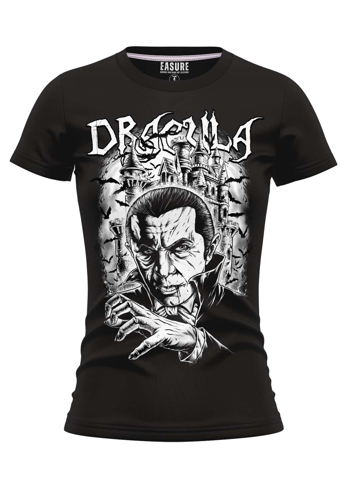 Schwarzes girlie t-shirt mit detailliertem weißem dracula-graphic von easure aus strapazierfähigem stoff und weicher qualität