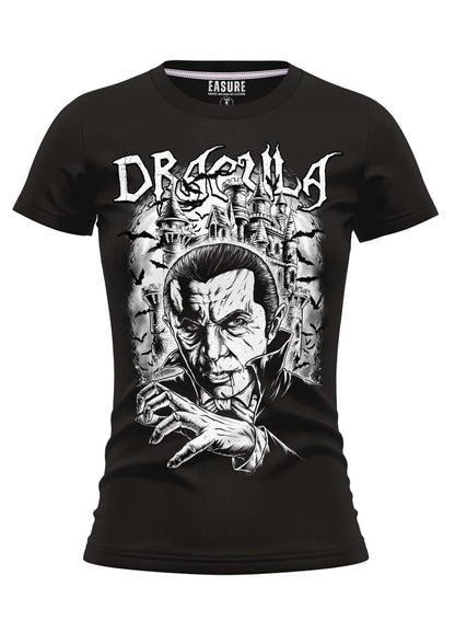 Schwarzes girlie t-shirt mit detailliertem weißem dracula-graphic von easure aus strapazierfähigem stoff und weicher qualität