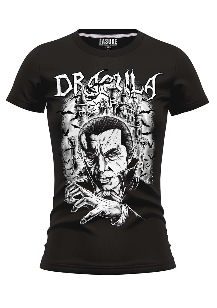 Schwarzes girlie t-shirt mit detailliertem weißem dracula-graphic von easure aus strapazierfähigem stoff und weicher qualität