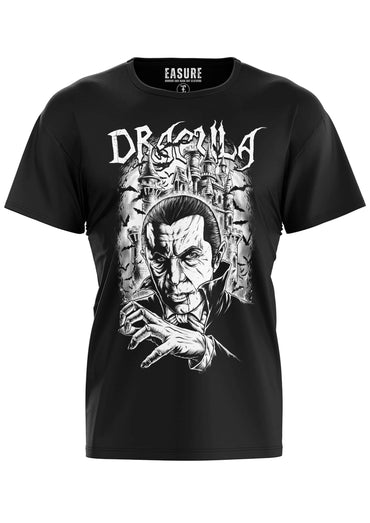 Schwarzes gothic kurzarmshirt mit detailliertem dracula-horror-print und ornamentaler dracula-schrift