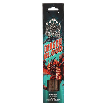 Dragon blood incense sticks in black and teal packaging with ornate silver dragon holder for räucherstäbchen