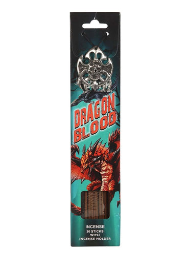 Dragon blood räucherstäbchen in schwarzer und türkiser verpackung mit silbernem, drachenmotiv halter