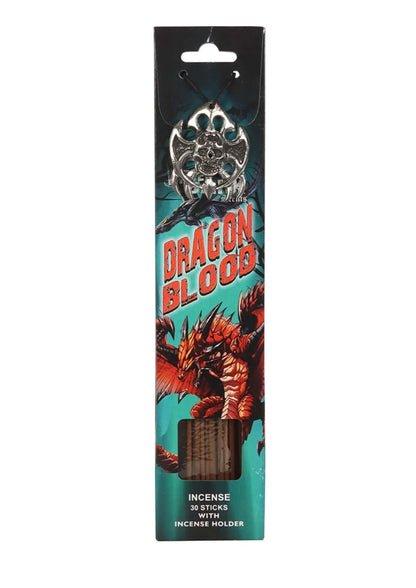 Dragon blood räucherstäbchen in schwarzer und türkiser verpackung mit silbernem, drachenmotiv halter
