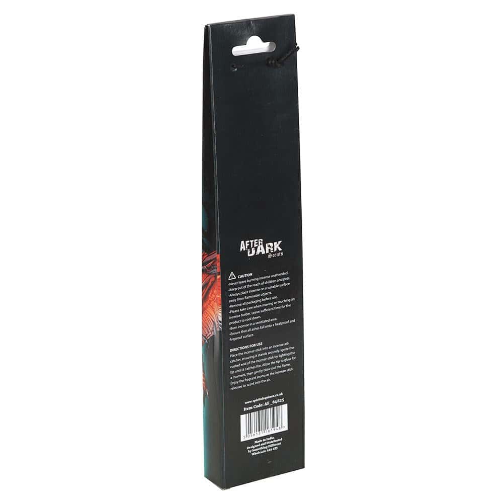 Schwarze rechteckige verpackung der after dark räucherstäbchen dragon blood mit aufhängeloch und produktinformationen auf der rückseite