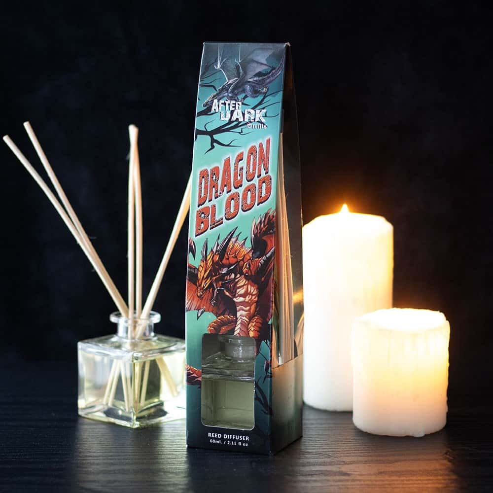 Dragon blood reed diffuser in black and teal packaging with illustrated dragon design for home fragrance