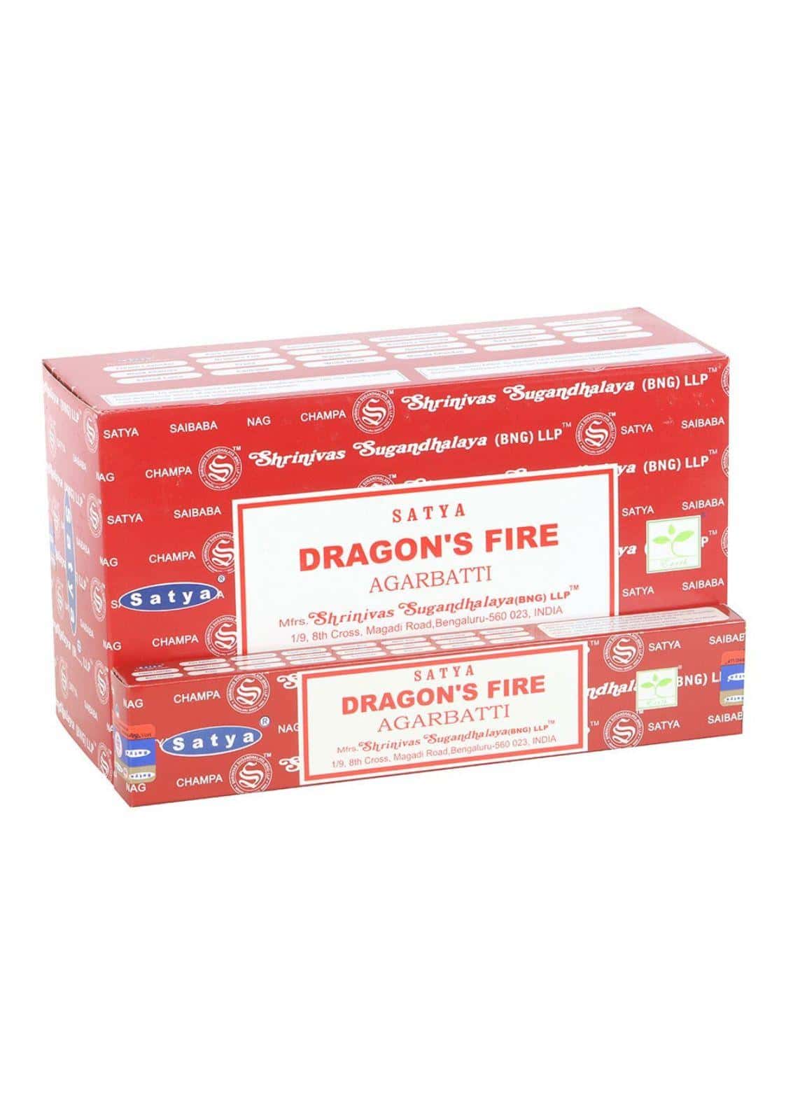 Rote und weiße papierverpackung mit satya dragons fire räucherstäbchen ideal für gothic und dark fashion fans
