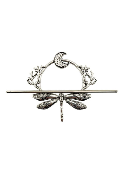 Silberne dragonfly haarnadel mit mond und floralen akzenten im gotischen stil für elegante mystische looks
