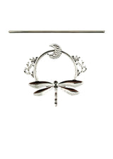 Silberne Haarnadel in Form einer Libelle mit aufwendigen Korallen- und Halbmond-Details.