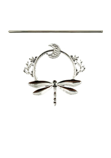 Silberne Haarnadel in Form einer Libelle mit aufwendigen Korallen- und Halbmond-Details.