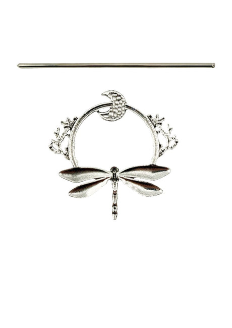 Silberne Haarnadel in Form einer Libelle mit aufwendigen Korallen- und Halbmond-Details.