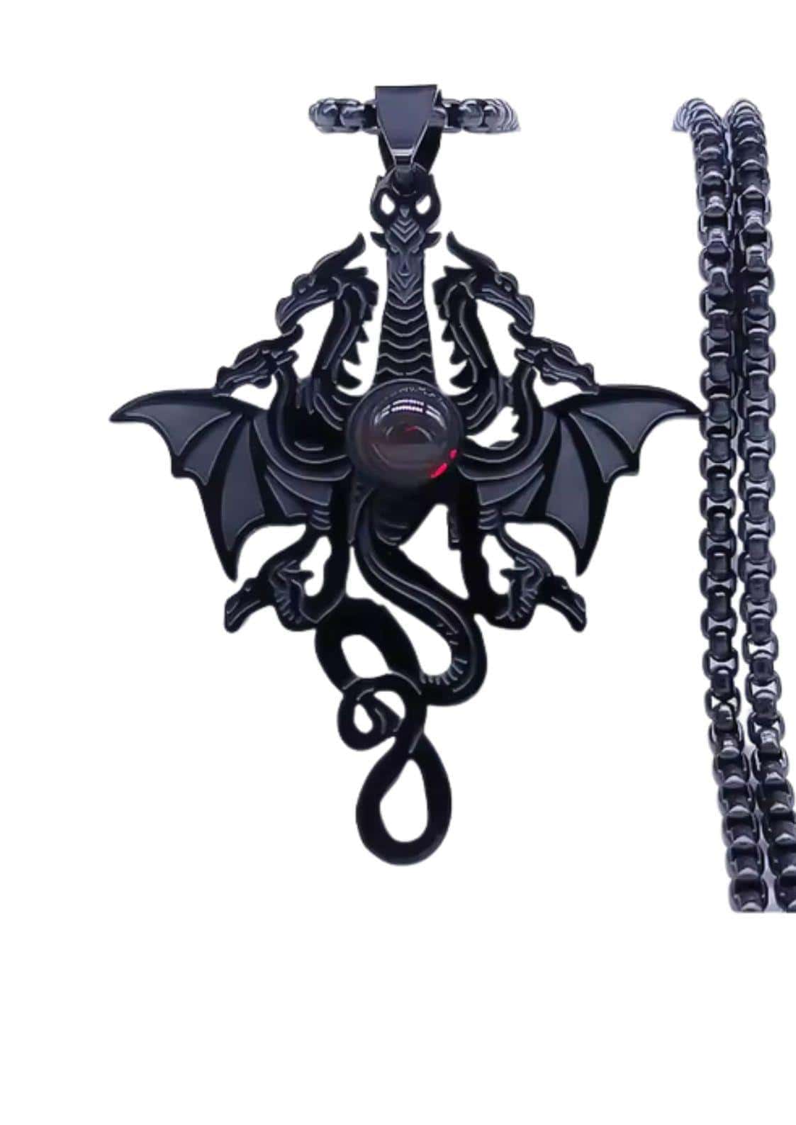 Schwarze dragonhead halskette mit rotem zentralem edelstein und passender ketten gothic schmuck für dark fashion