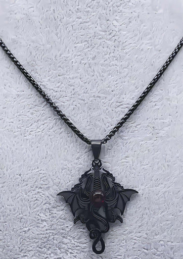 Black dragon pendant necklace with textured chain in gothic dark fashion style from dragonhead halskette collection