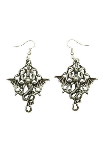 Silberne dragonheads ohrringe mit filigranen drachenkopfdetails und perlenakzent für gothic dark fashion