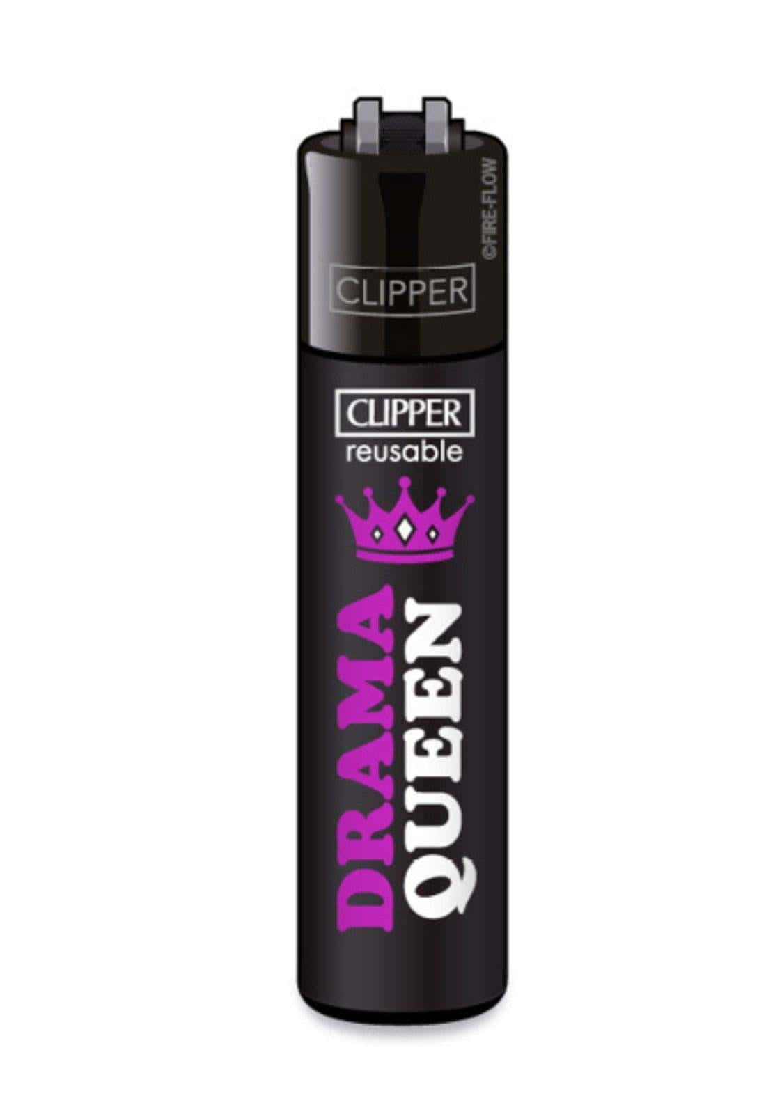 Schwarzes clipper feuerzeug nachfüllbar mit lila krone und pink weißem drama queen text für deinen stylischen gebrauch