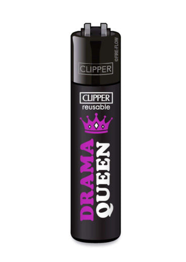Schwarzes clipper feuerzeug nachfüllbar mit lila krone und pink weißem drama queen text für deinen stylischen gebrauch