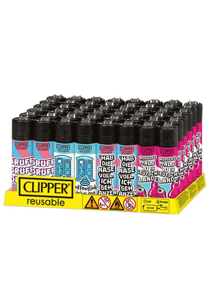 Wiederbefüllbares clipper feuerzeug druff druff mit schwarzem top und buntem body in pink blau und weiß gothic horror designs
