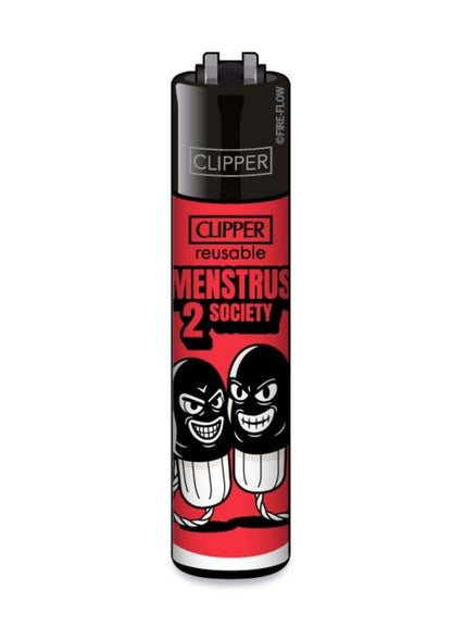 Rotes und schwarzes clipper feuerzeug mit cartoonmotiven aus menstrus 2 society im gothic horror design
