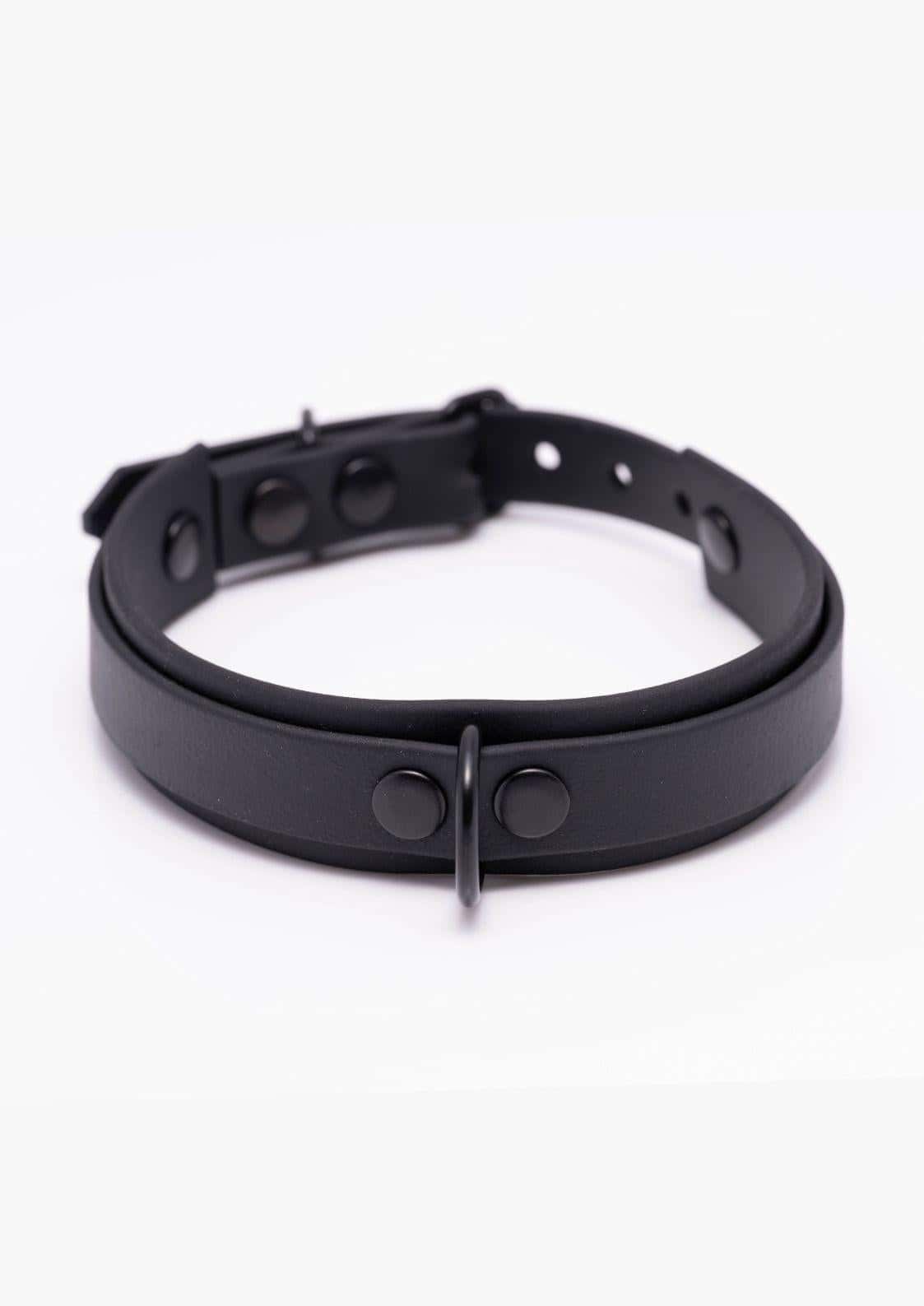 Detailaufnahme des schwarzen Easure Basic Slave black Chokers aus BioThane mit schwarzem D-Ring