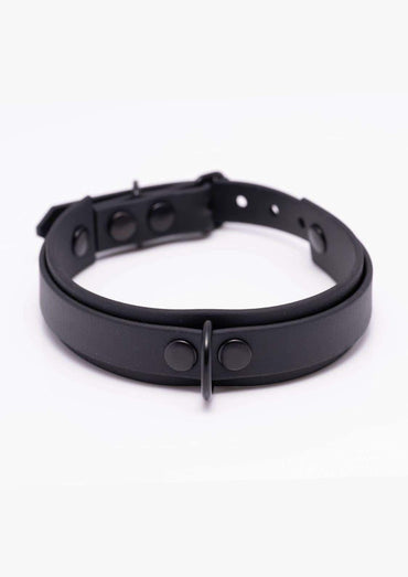 Detailaufnahme des schwarzen Easure Basic Slave black Chokers aus BioThane mit schwarzem D-Ring