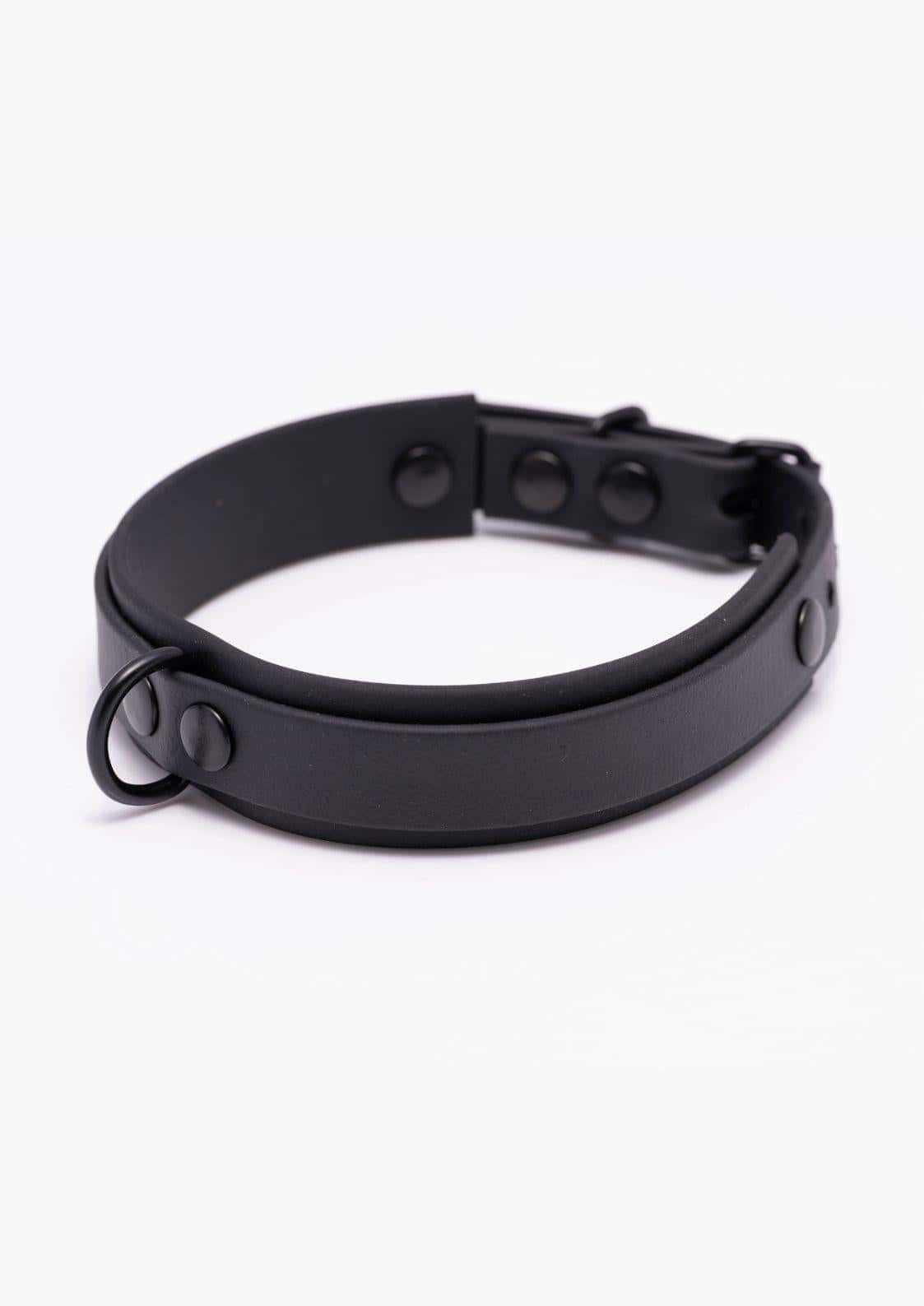 Seitenansicht des schwarzen Easure Basic Slave black Chokers aus BioThane mit schwarzem D-Ring