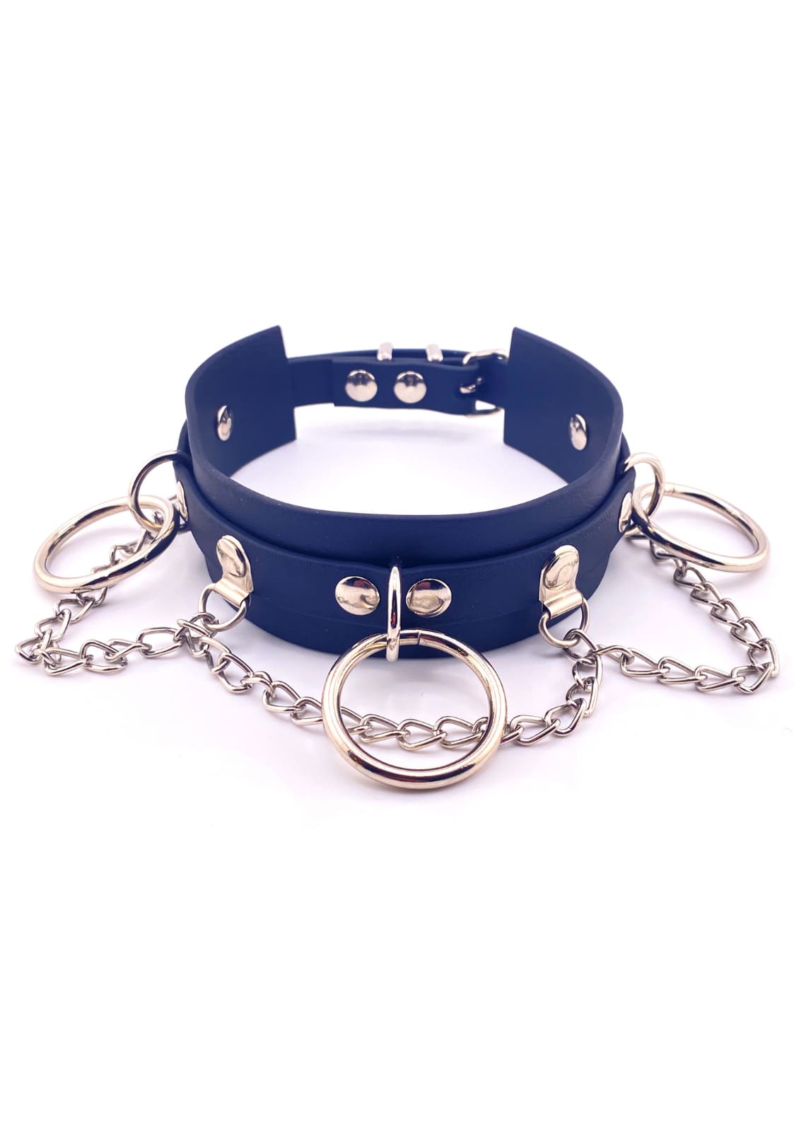 Handgefertigter Navyblauer Chain Slave Choker aus langlebigem Faux-Leder mit Silberketten