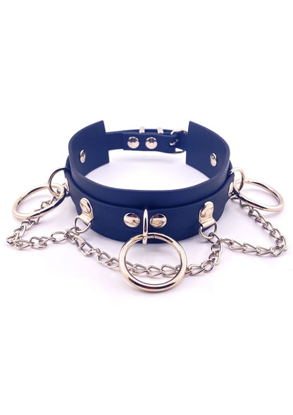 Handgefertigter Navyblauer Chain Slave Choker aus langlebigem Faux-Leder mit Silberketten