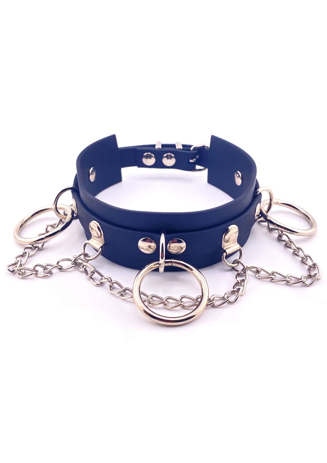 Handgefertigter Navyblauer Chain Slave Choker aus langlebigem Faux-Leder mit Silberketten