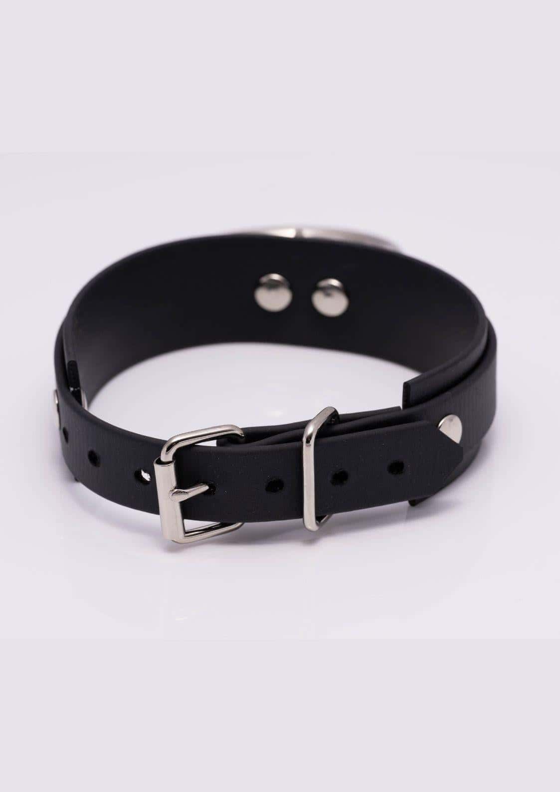 Rückansicht des schwarzen Easure Double Slave silver Chokers aus BioThane mit 2 silbernen O-Ringen