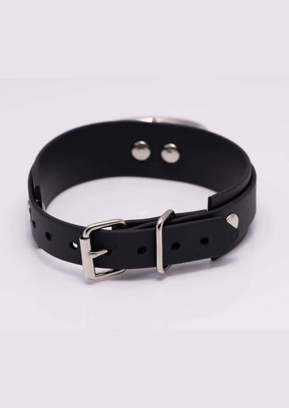 Rückansicht des schwarzen Easure Double Slave silver Chokers aus BioThane mit 2 silbernen O-Ringen