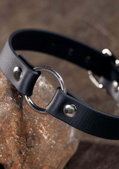 Schwarzes Lederhalsband mit Metallring.