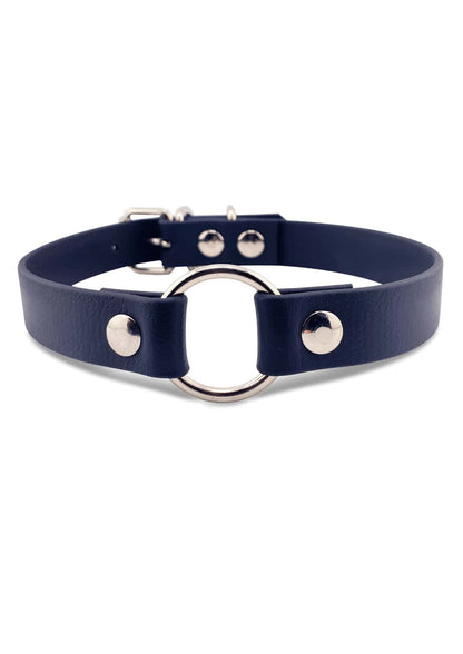Dunkelblaue Leder-Choker EASURE O-RING mit silbernem Ring, handgefertigte choker gothic