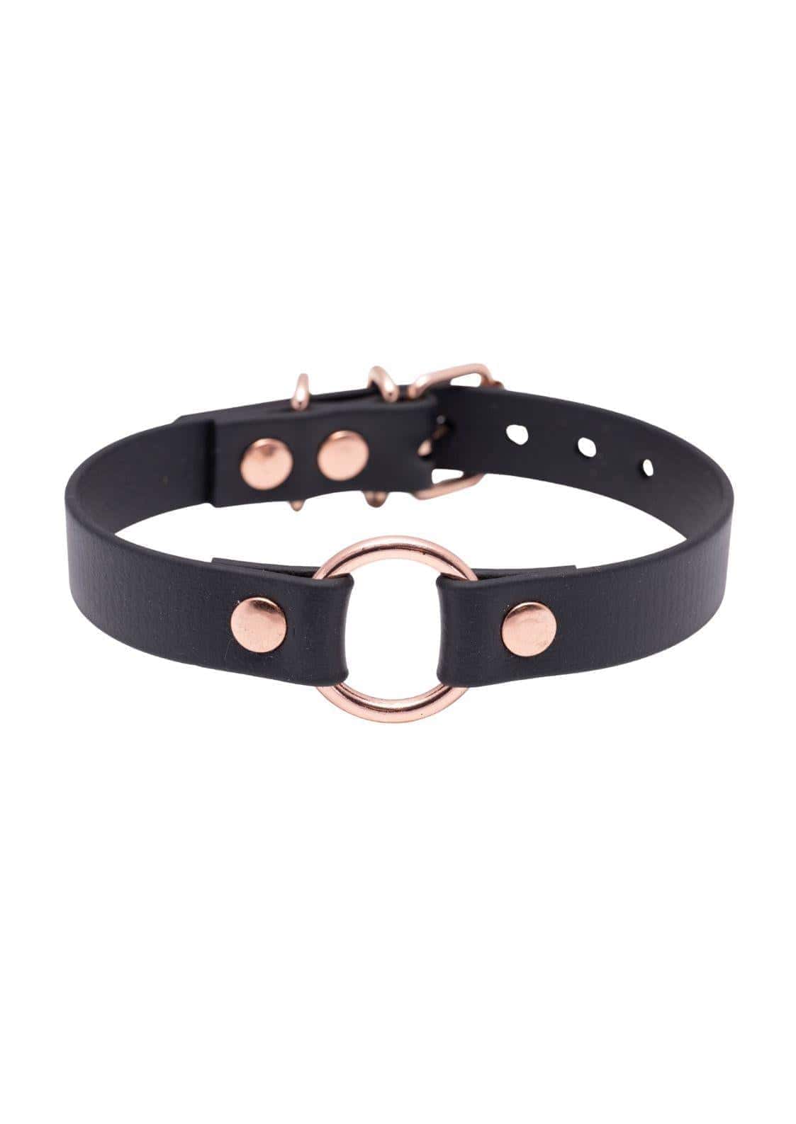 Frontansicht des schwarzen Easure O-Ring Chokers aus BioThane mit einem rosegoldenem O-Ring