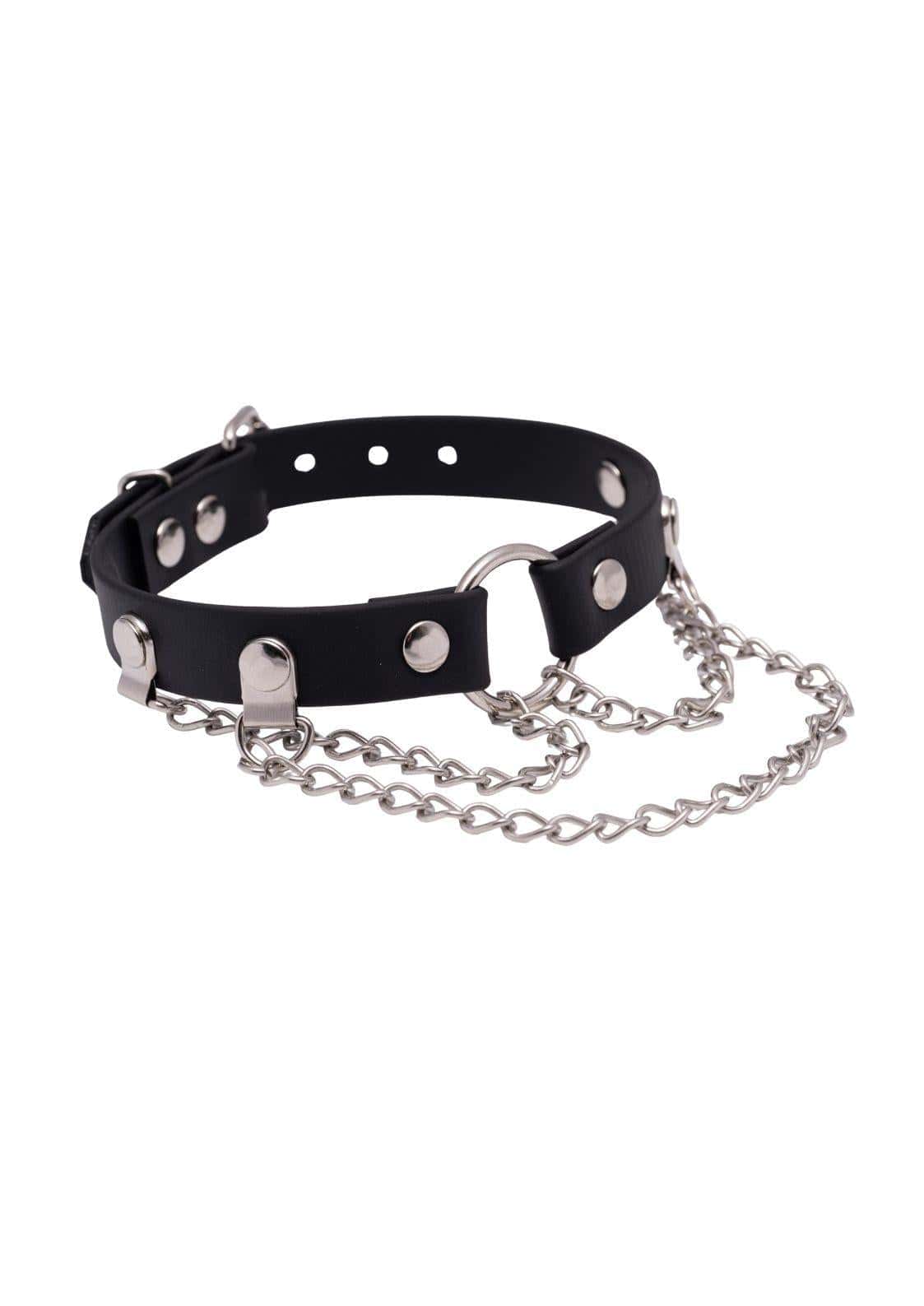 Schwarzer handgefertigte choker aus langlebigem material mit silbernen metallnieten und chain slave anhänger