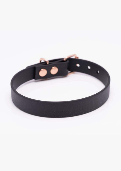 Detailbild der schwarzen Easure plain Chokers aus BioThane mit rosegoldedner Schnalle