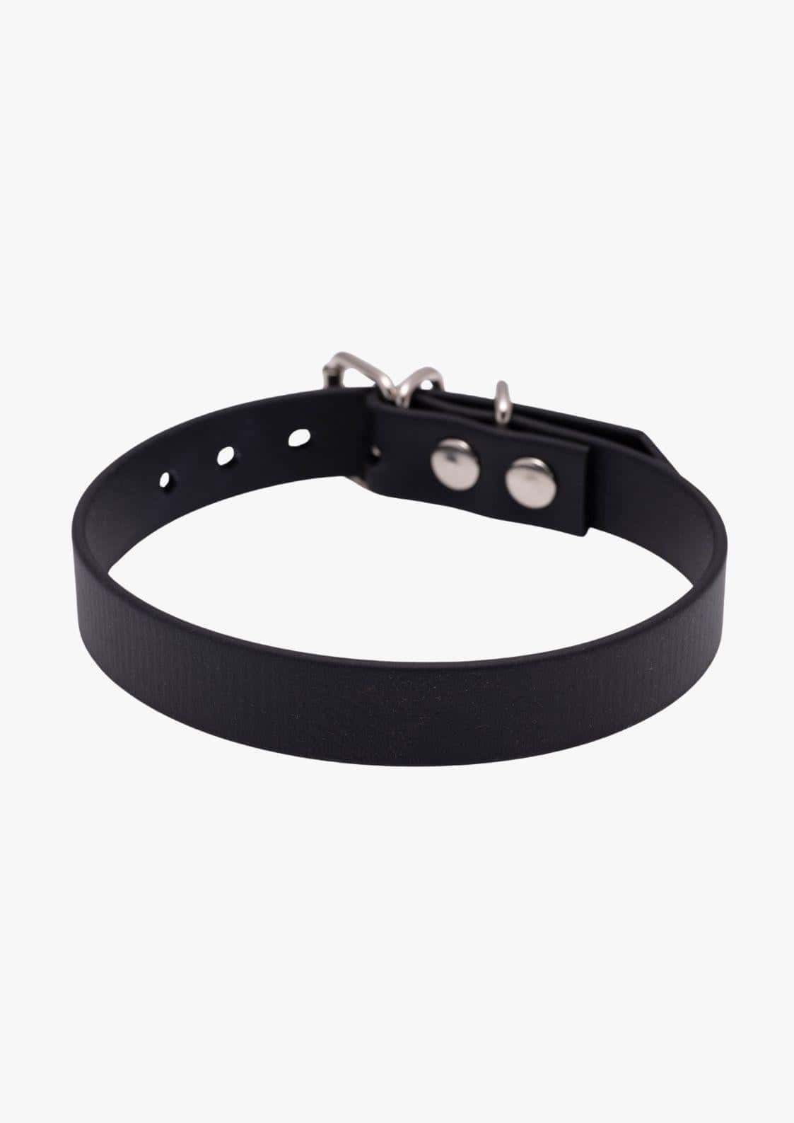 Frontansicht eines schwarzen Easure plain Chokers aus BioThane mit silberner Schnalle