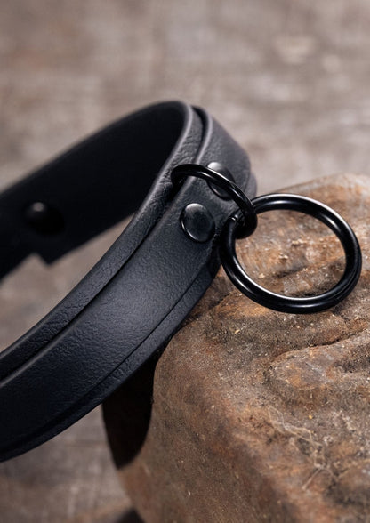 Schwarzes Lederhalsband mit Metallring.