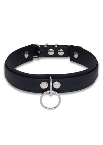 Handgefertigter EASURE SLAVE Gothic Choker aus langlebigem schwarzem Leder mit silbernen Nieten und zentralem Ring
