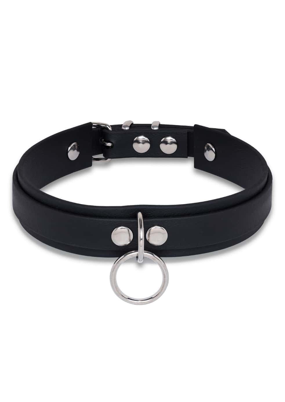 Frontansicht des schwarzen Easure Slave Chokers aus BioThane mit silbernem O-Ring