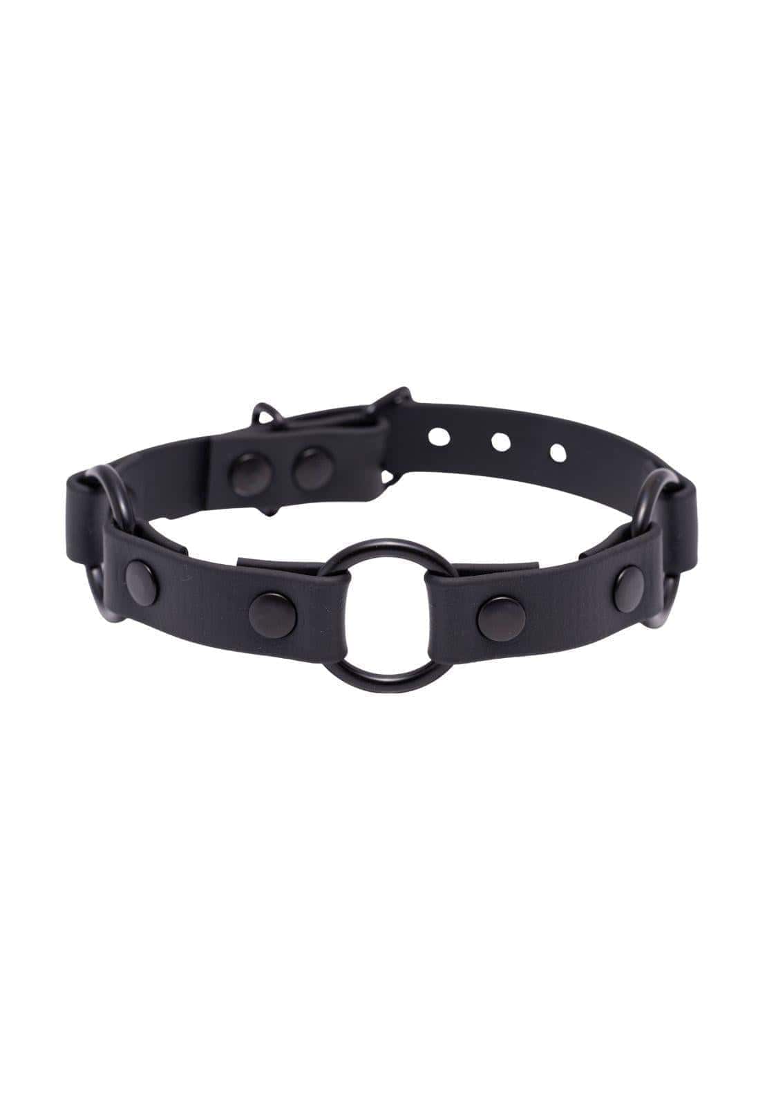 Seitenansicht eines schwarzen Easure Triple O-Ring black Chokers aus BioThane mit 3 schwarzen O-Ringen