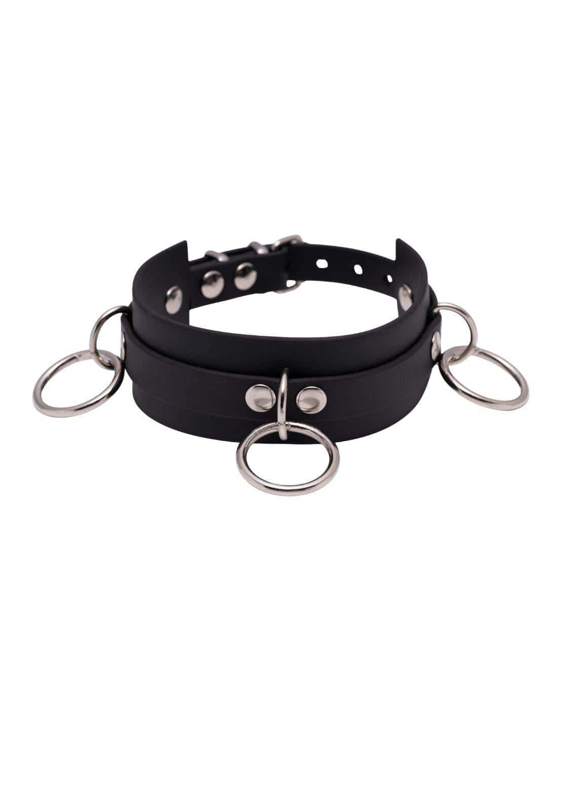Schwarzer Easure Triple Slave Choker aus BioThane mit 3 silbernen O-Ringen